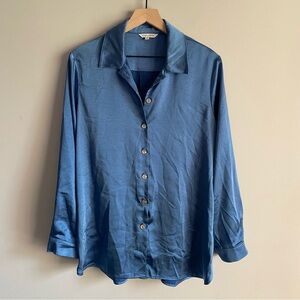 John Mark Peacock Blue Button Up Sateen Long Sleeve Tunic NWT Medium